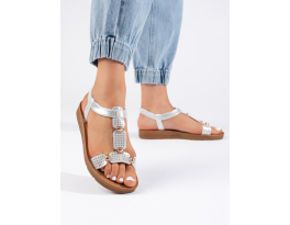 Moderní  sandály dámské stříbrné na plochém podpatku
