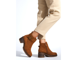 Moderní hnědé  kotníčkové boty dámské na širokém podpatku